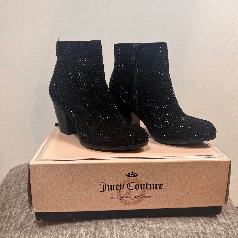 Juicy Couture Cavora Ankle Boots Women 7 Black Rhinestone Block Heel Booties